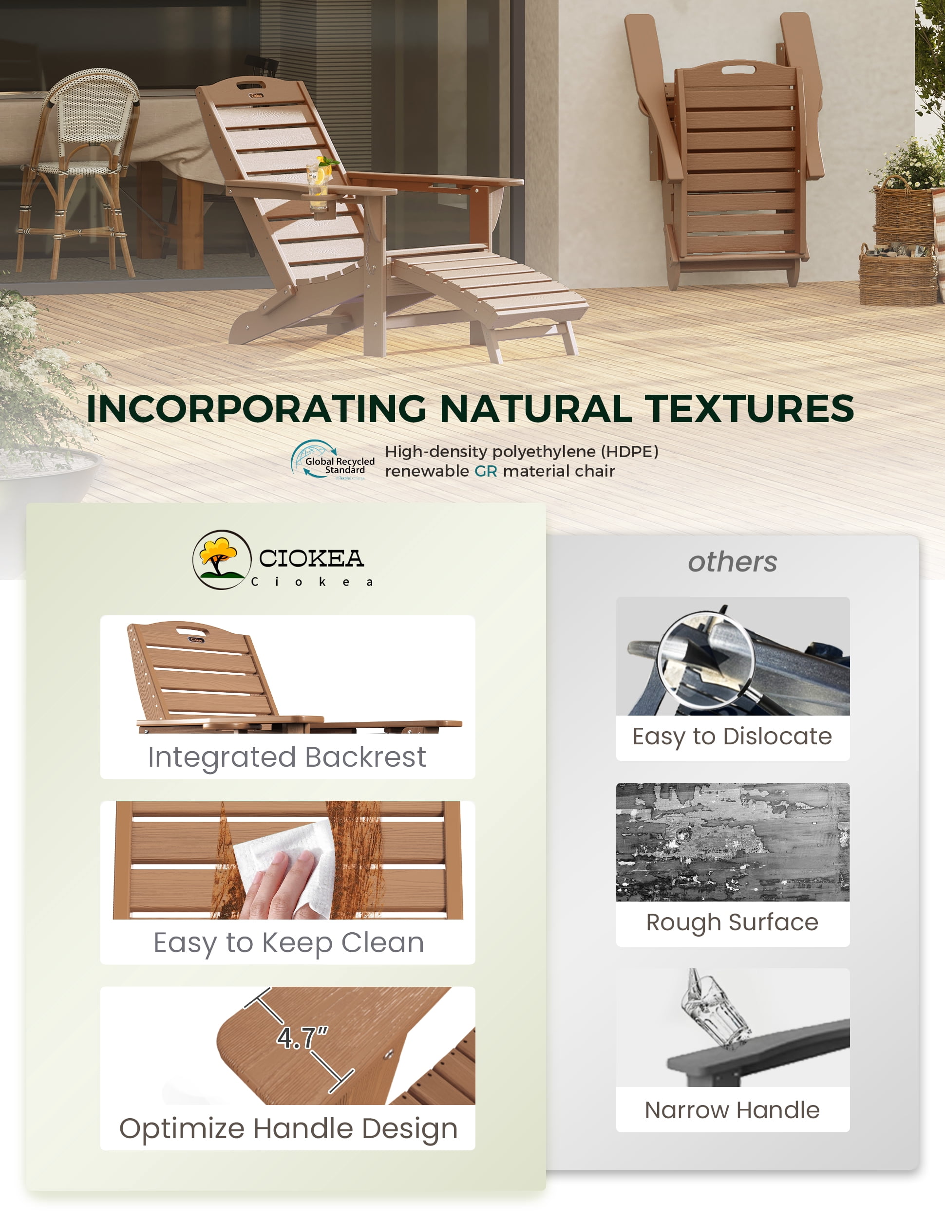 Folding Adirondack Chair with Retractable Ottoman Footrest, Wood Grain HDEP All Weather Fire Pit Chair with 2 Cup Holders for Outdoor, Classic Brown