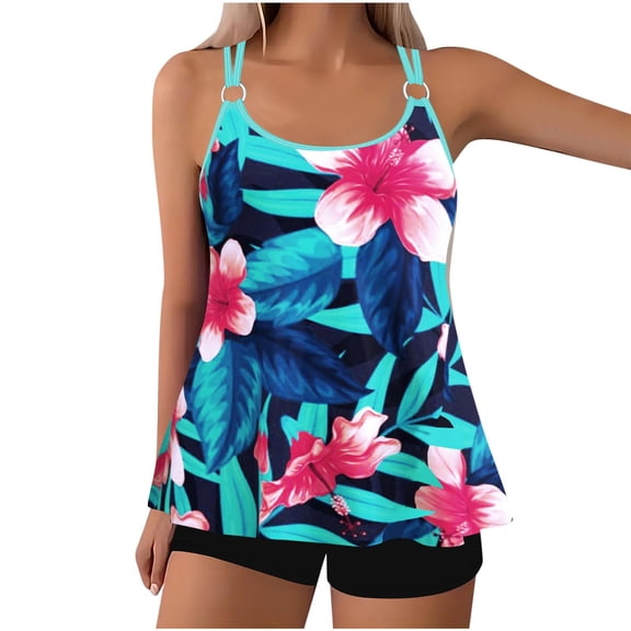 Alkepwun Plus Size Swimsuit Two Piece Tankini Set Adjustable Straps Floral Print Modest Top and Stretch Waistband Tummy Control Bottoms