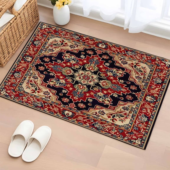 Red Vintage Washable Small Entryway Area Rugs 2'x3', Floral Pattern Ethnic Style Low Pile Throw Rug Non-Slip Sturdy Edge Binding Carpet for Front Door Floor Room Entry