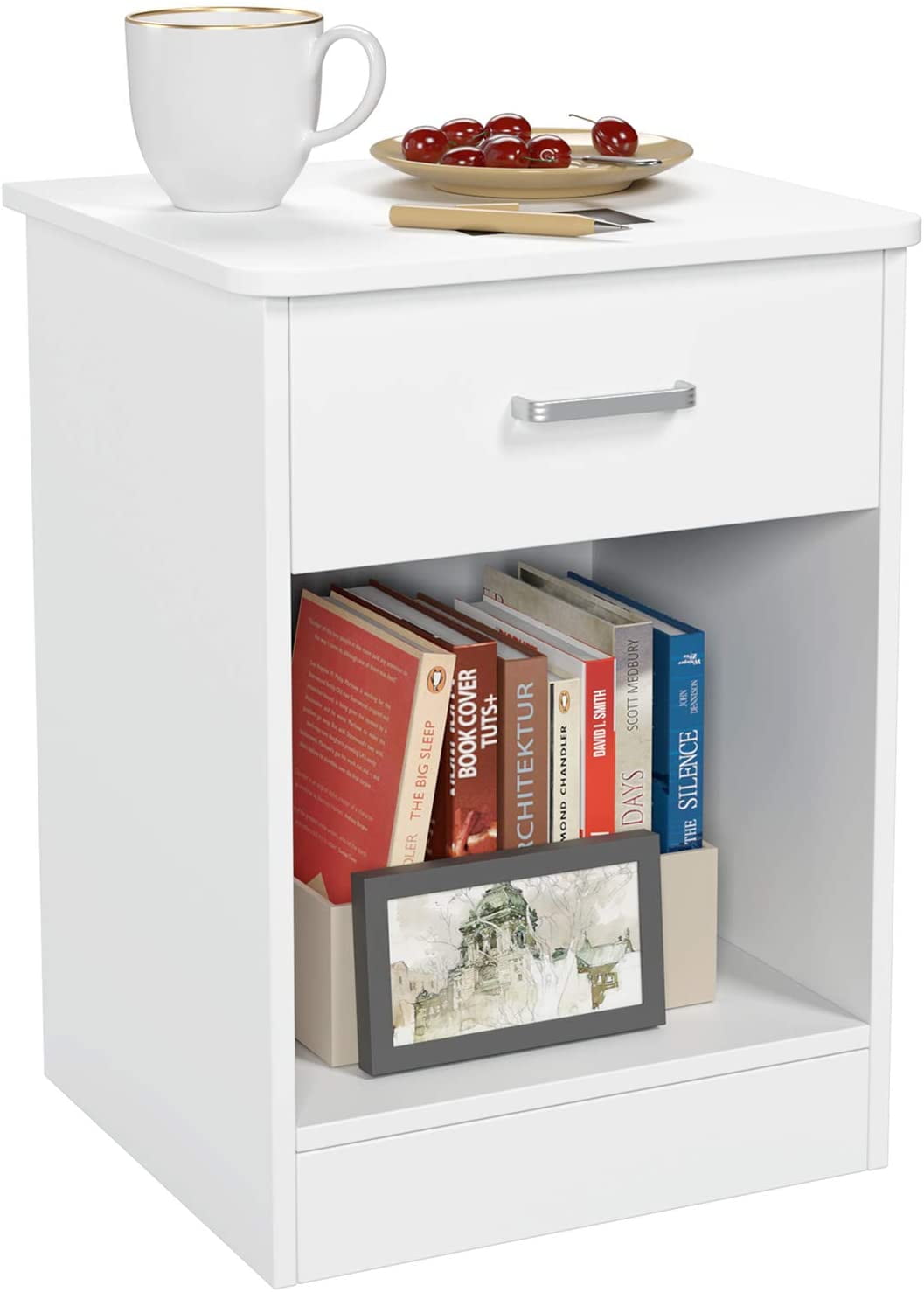 Homfa Nightstand with Drawer，2 Tier Beside Table End Table，Modern Night Stand for Bedroom Living Room, White