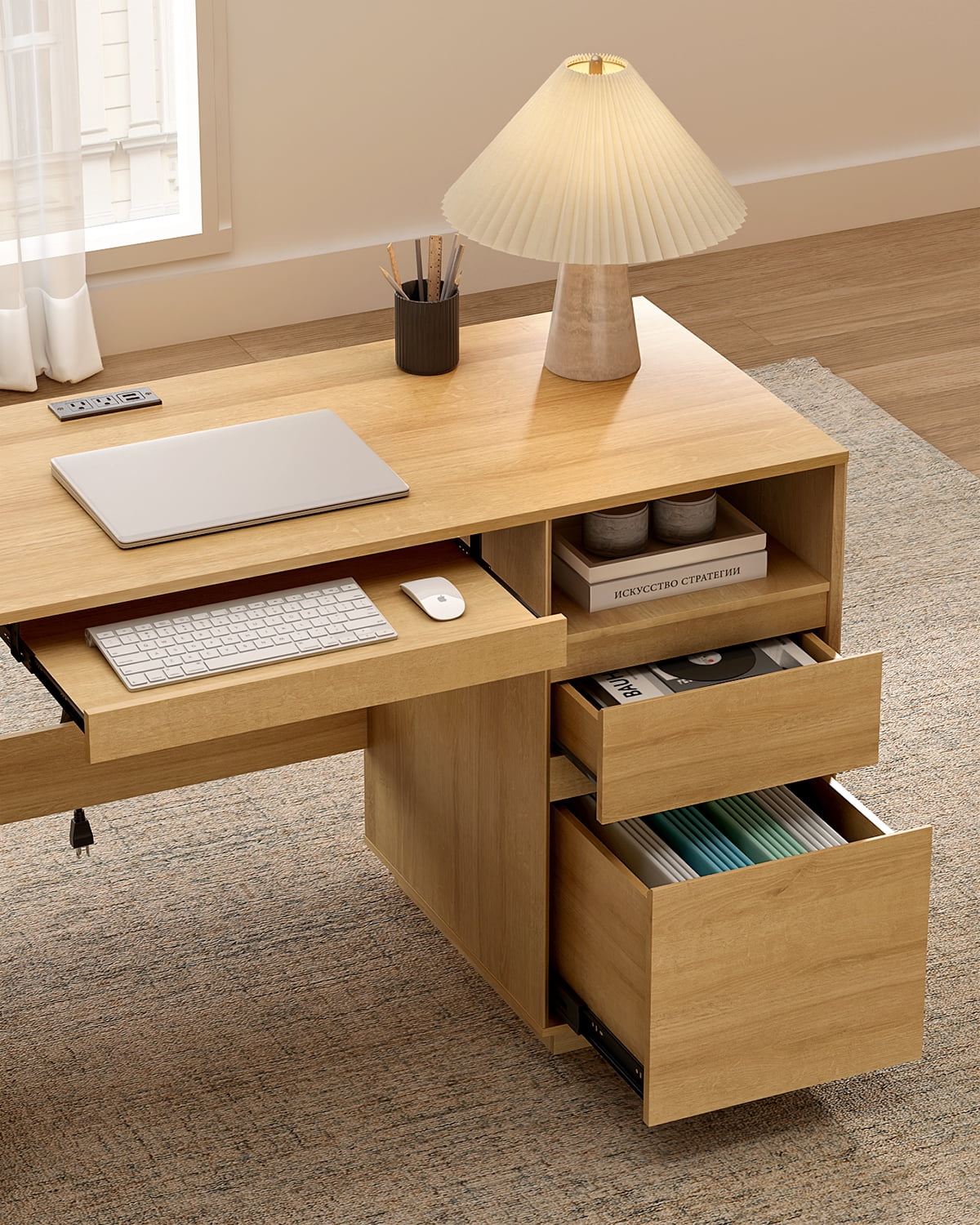 Joyyskill Farmhouse Executive Desk with File Drawer 59" Large Computer Desk Home Office Desk with Charging Station, Keyboard Tray, Storage Cabinet Modern Workspace for Study, Natural Oak