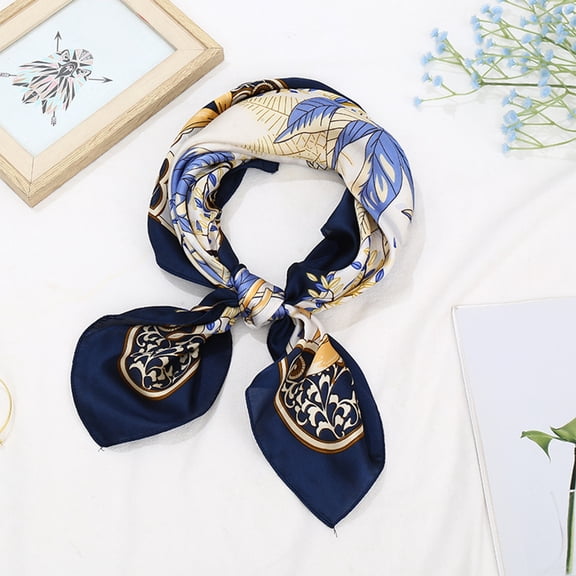 Square Faux Silk Neck Scarf for Women, Elegant Navy Blue Leaf Pattern Headscarf, Professional Office Small Neckerchief, Versatile Hair Band & Bag Accessory, Soft Satin Square Scarf