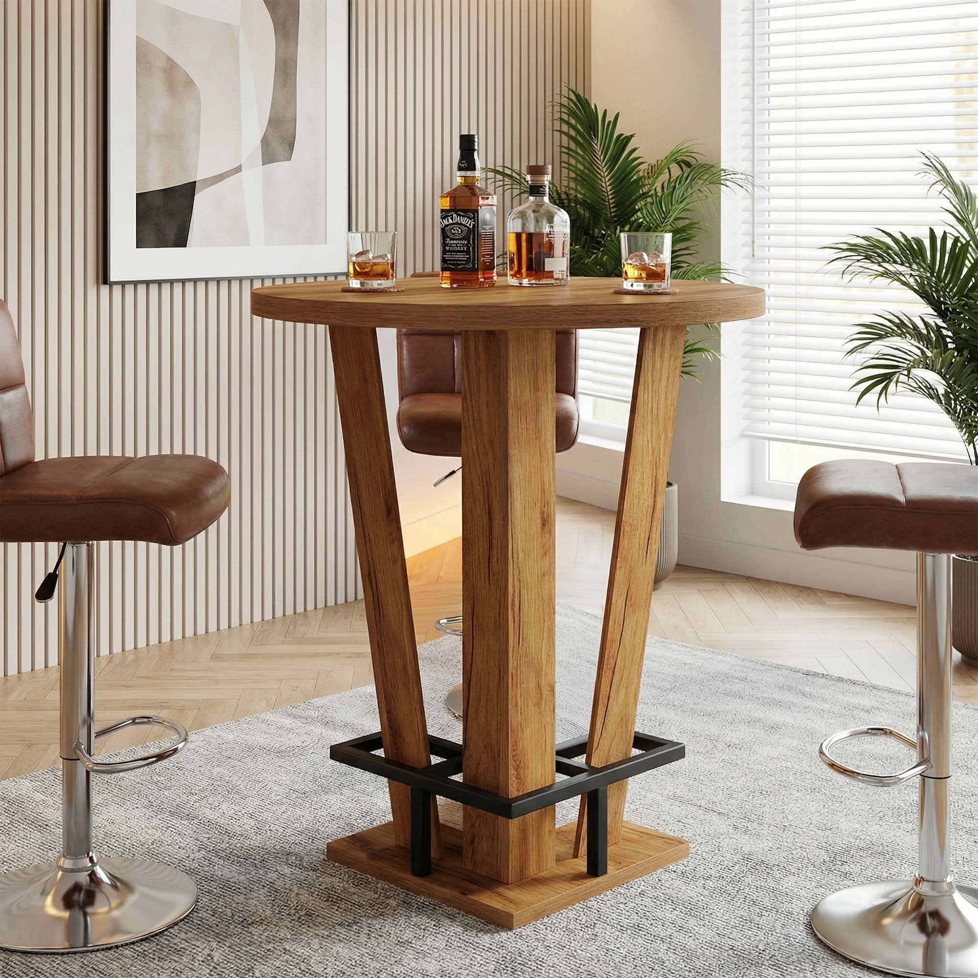 MAYEERTY 31.5" Round Minimalist Bar Table, MDF Top with Acrylic Base & Metal Footrest, 39.37" Height Bistro Table for Small Spaces