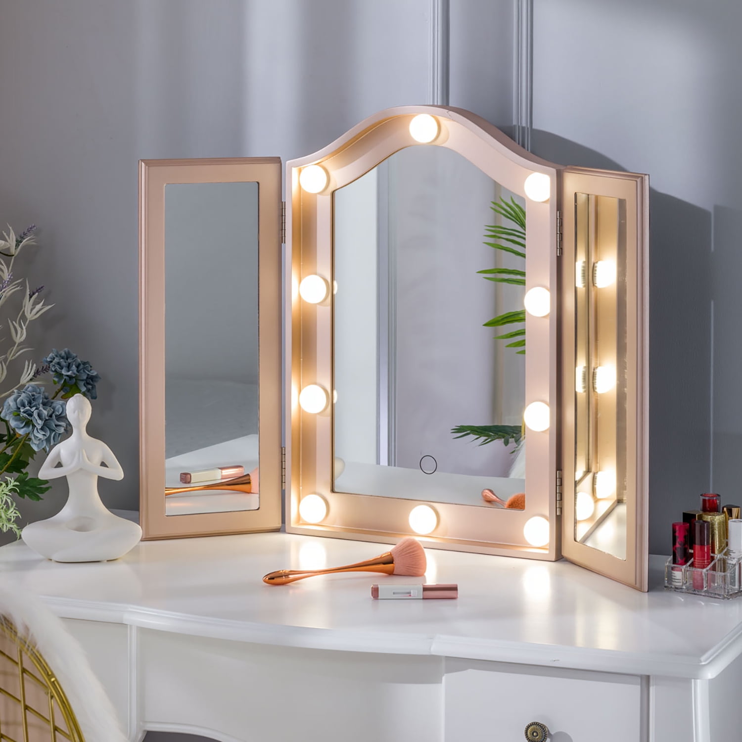 LUXFURNI Hollywood Trifold Vanity Mirror with 10 LED Lights Dimmable