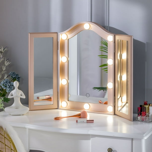 LUXFURNI Hollywood Trifold Vanity Mirror with 10 LED Lights Dimmable Tabletop Makeup Mirror Rose
