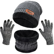 3Pcs Beanie Hat Winter Knit Neck Warmer Scarf and Touch Screen Gloves Set Fleece Lined Skull Cap for Men Women