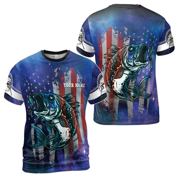 Custom Name Bass Fishing Lover Grunge American Flag Patriotic 3D T-Shirt S-5XL