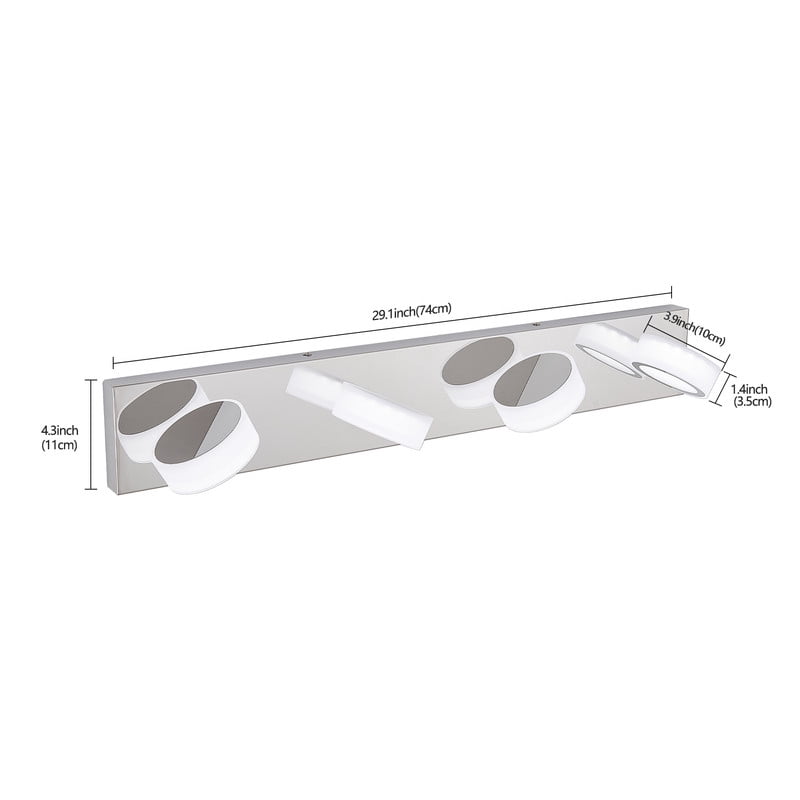 29" Modern Chrome LED Vanity Light - 4-Light Dimmable Bathroom Wall Fixture with 360° Rotatable Arms, 24W 6000K Daylight Mirror Lighting