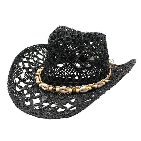 Fgnfyis Western Classic Cowboy Hat for Women Men Summer Shapeable Straw Sun Hat with Decorative Bands Black One Size