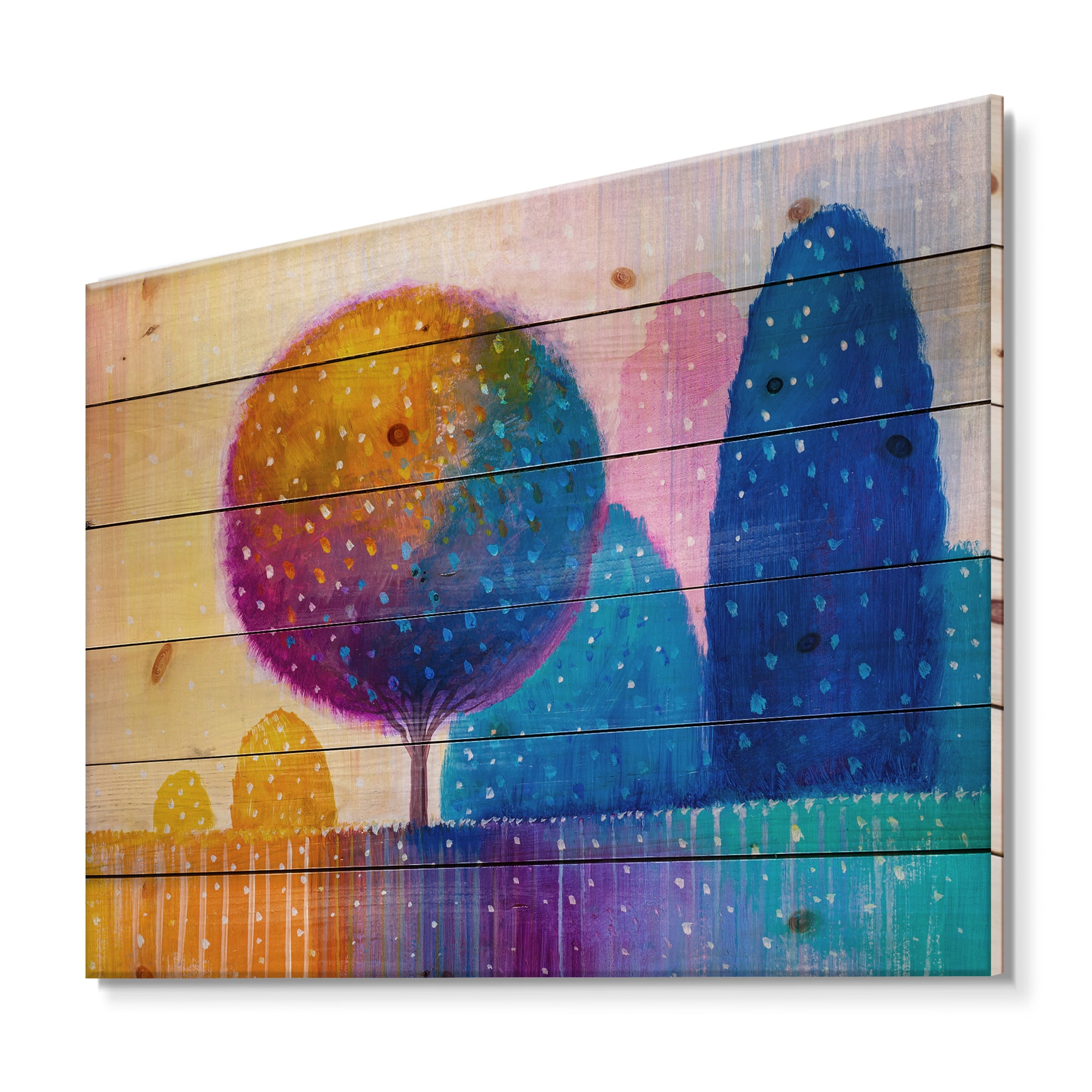 Designart 'Ornamental Colourful Trees X' Modern Print on Natural Pine Wood