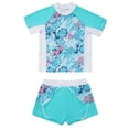 thumbnail image 4 of Doomiva Kids Girls 2 Pcs Tankini Sets Short Sleeve Floral Rashguard Shirts with Swim Shorts UPF 50+ Athletic Swimsuit Beach Bathing Suit Tropical Leaves 16, 4 of 5
