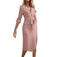 thumbnail image 3 of Fall Saving! HVOBTTY Women's Elegant Shirt Dress, Fall Party Dresses for Women, Women's Casual Solid Color Lapel Long Sleeve Elegant Split Midi Dress Pink, M, 3 of 5