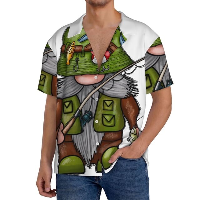 Balery Fishing Gnome Camisa Casual de Manga Corta con Botones para Hombre, Texturizada, Estilo Cubano, para Playa, Verano-Small
