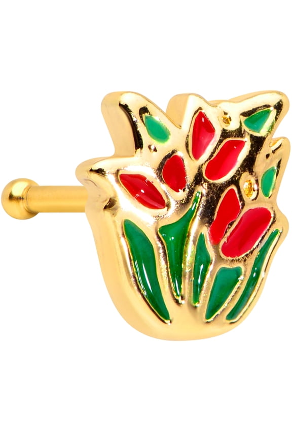 Womens 20G PVD Steel Nose Ring Red Green Flowers Nose Stud Nose Bone Body Piercing Jewelry 1/4"