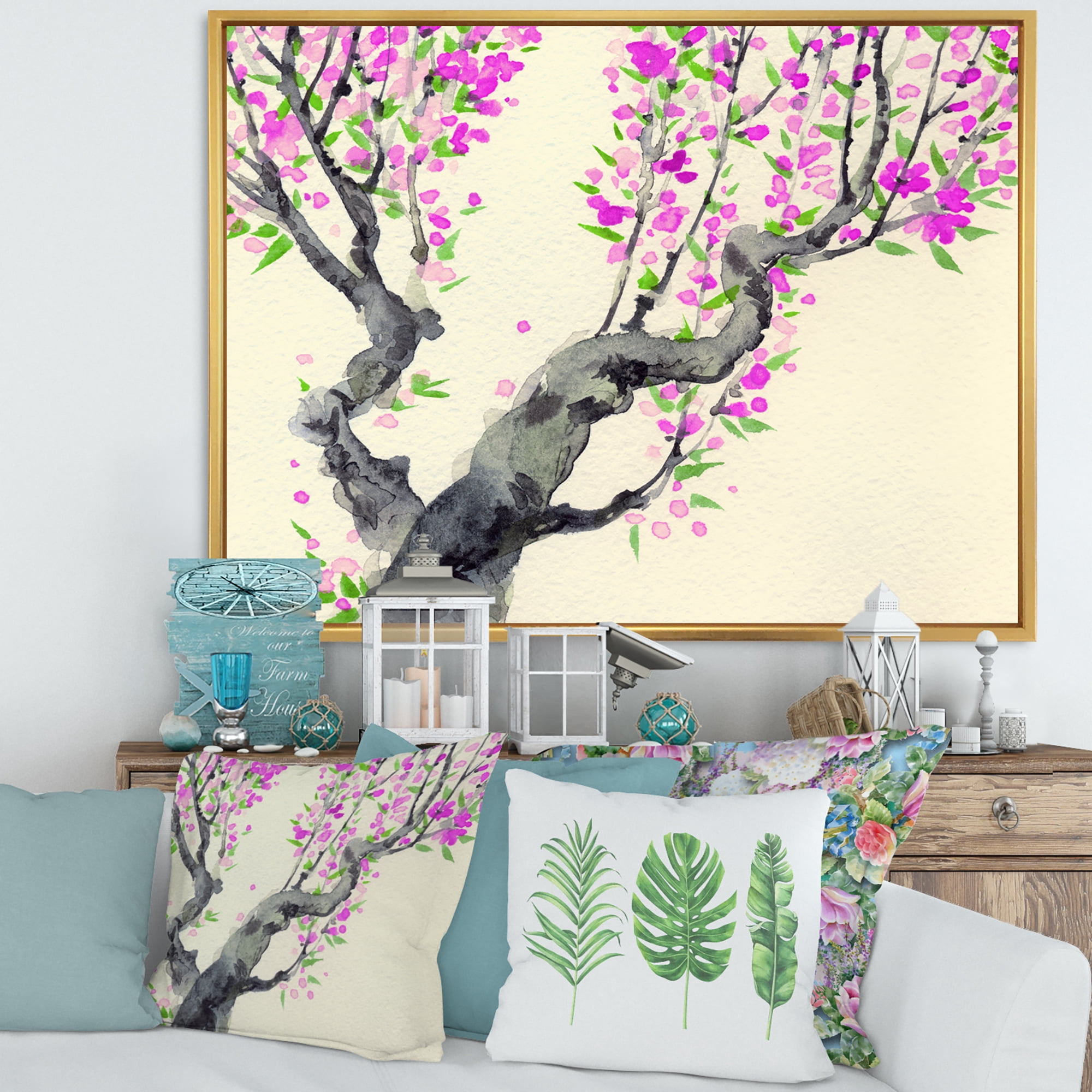 Designart 'The Japanese Tree With Purple Flowers On' Traditional Framed Canvas Wall Art Print