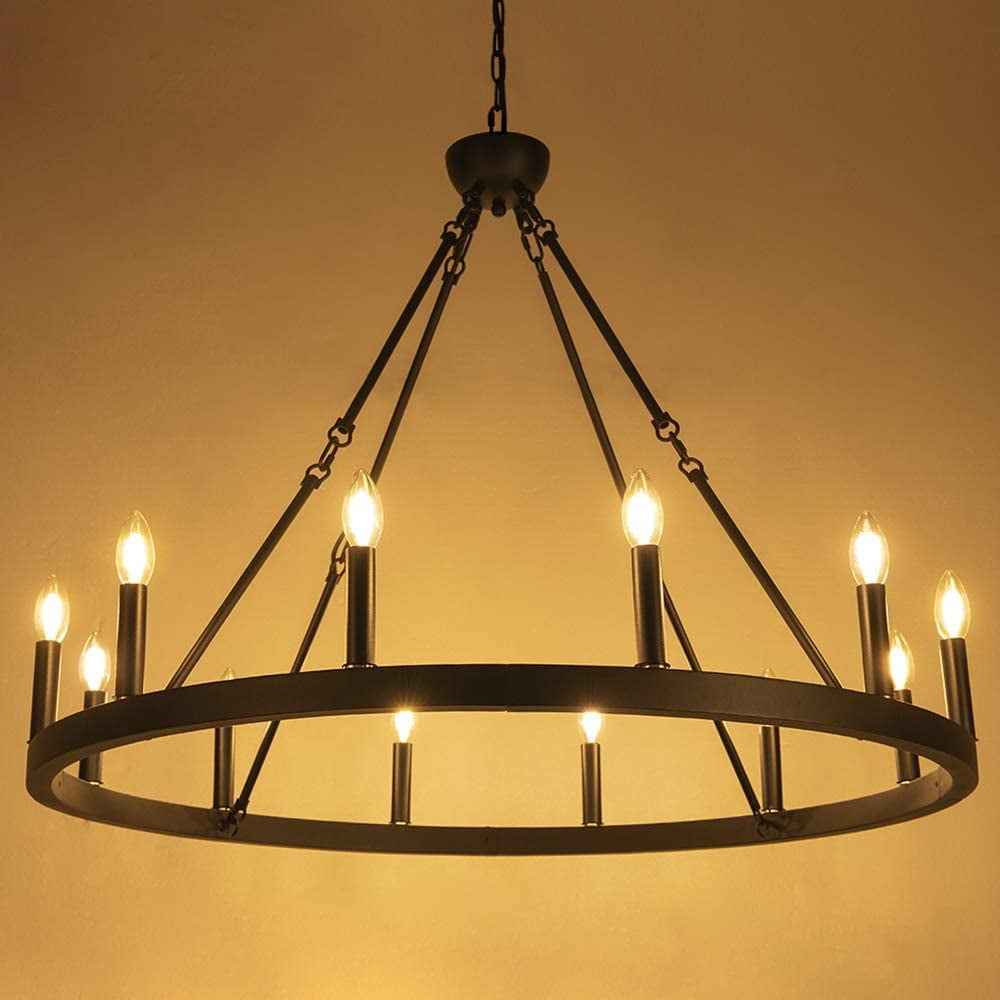 Wellmet 12-Light Black Wagon Wheel Chandelier Diam 38 inch, Farmhouse Industrial Country Style 