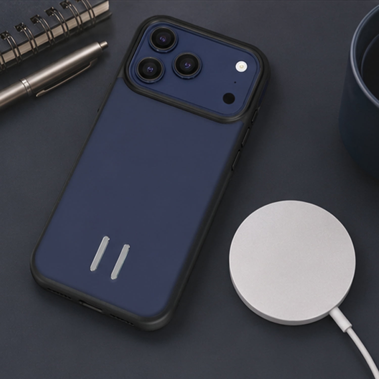 Leather Texture Protective Case Compatible with Wireless Charging for iPhone 17 Pro Max - Dark Blue