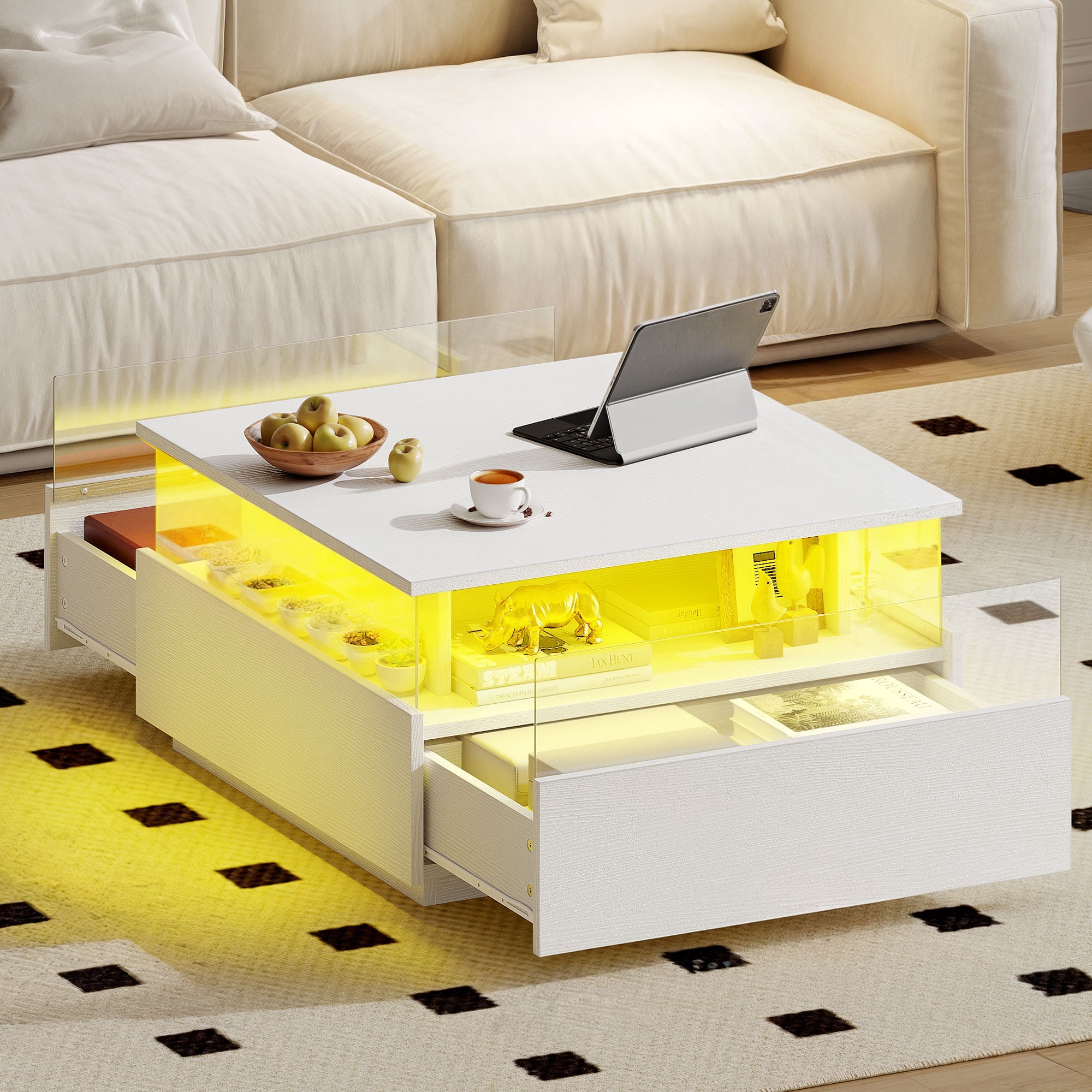 Uforic Square LED Coffee Table with 4 Drawers, Acrylic Living Room Table with Storage Shelf, White