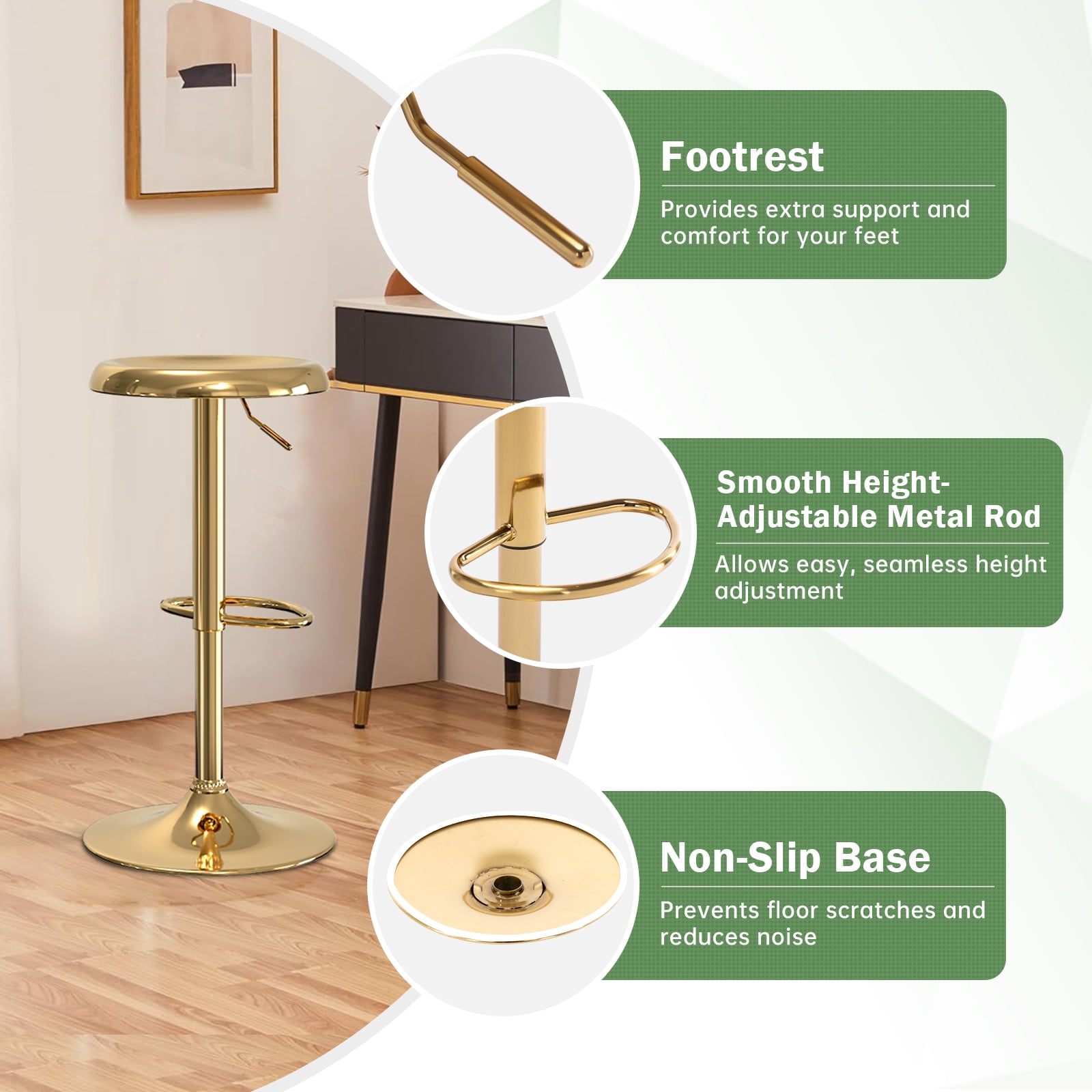 Metal Bar Stools Set of 2, Counter Height Adjustable Barstools, Backless 360° Swivel Kitchen Stools for Island, Dining, Bistro, Pub (Gold）