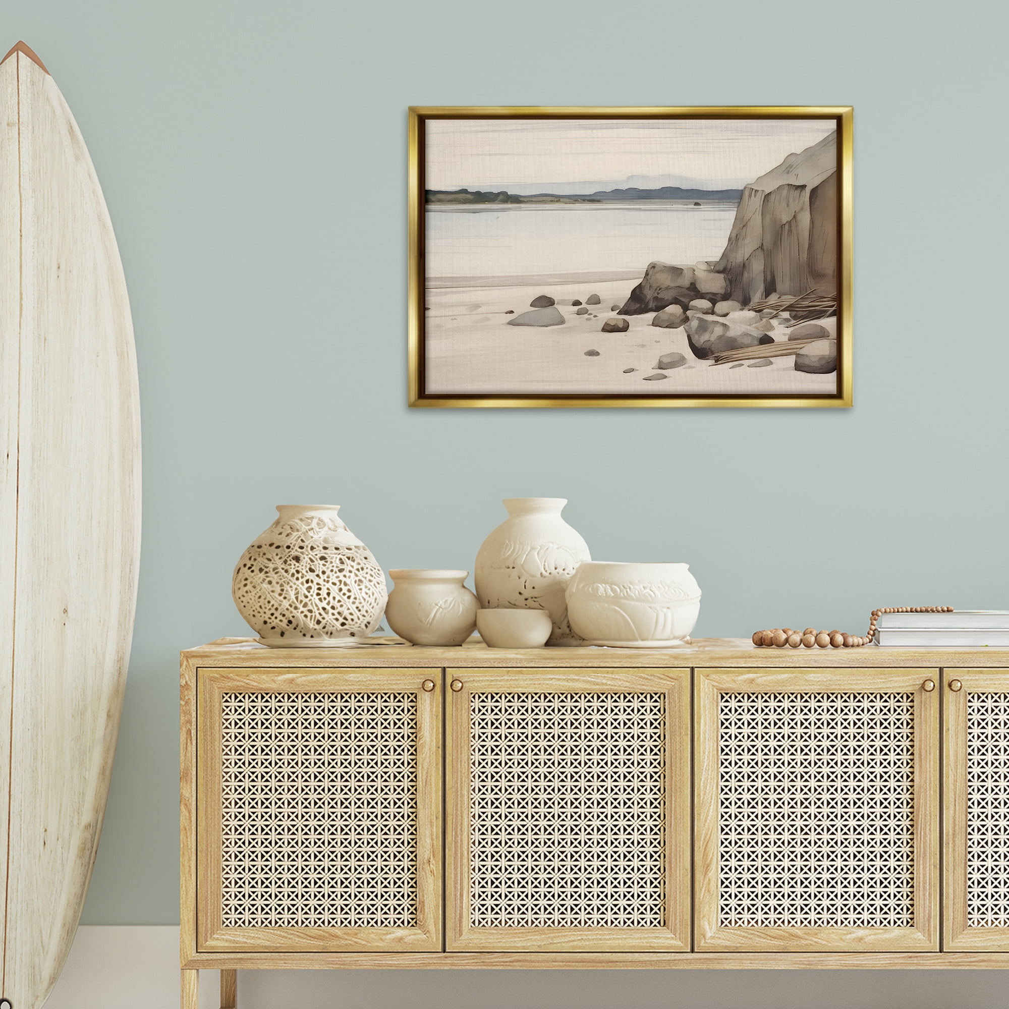 Stupell Industries Beach Cliff View Landscape & Nature Painting Gold Floater Framed Canvas Art Print Wall Art, 31 x 21