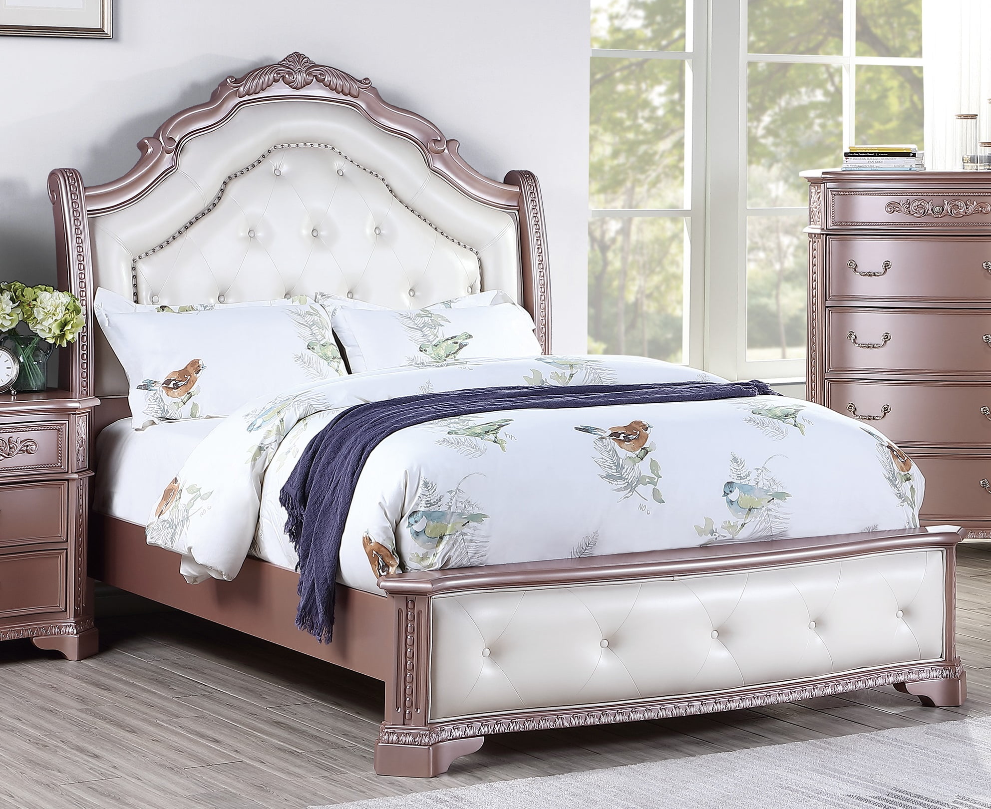 Cream Faux Leather Tufted HB FB Rose Gold Color Eastern King Size Bed