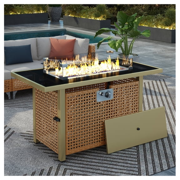 K&K 43" Propane Gas Fire Pit Table, 60,000 BTU, Rectangular Open Weave Wicker, Glass Wind Guard, Patio, Deck, Garden, Backyard, Orange & Mustard Yellow