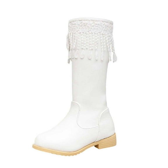 KPOPLK Girls Mid Calf Boots Floral Waterproof Winter Dress Boots Fleece Warm Outdoor Shoes(1.5,F20-White)