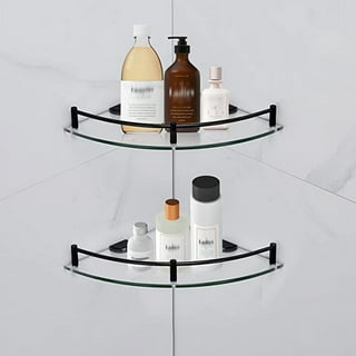 HouseMila Bathroom Shelf, 2 Tier Glass Bathroom Wall Shelf with Extra 3  Hangers Floating Glass Corner