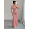 thumbnail image 3 of Dusty Pink Sleeveless One-Shoulder Ruched Waist Elegant Maxi Dress, 3 of 7