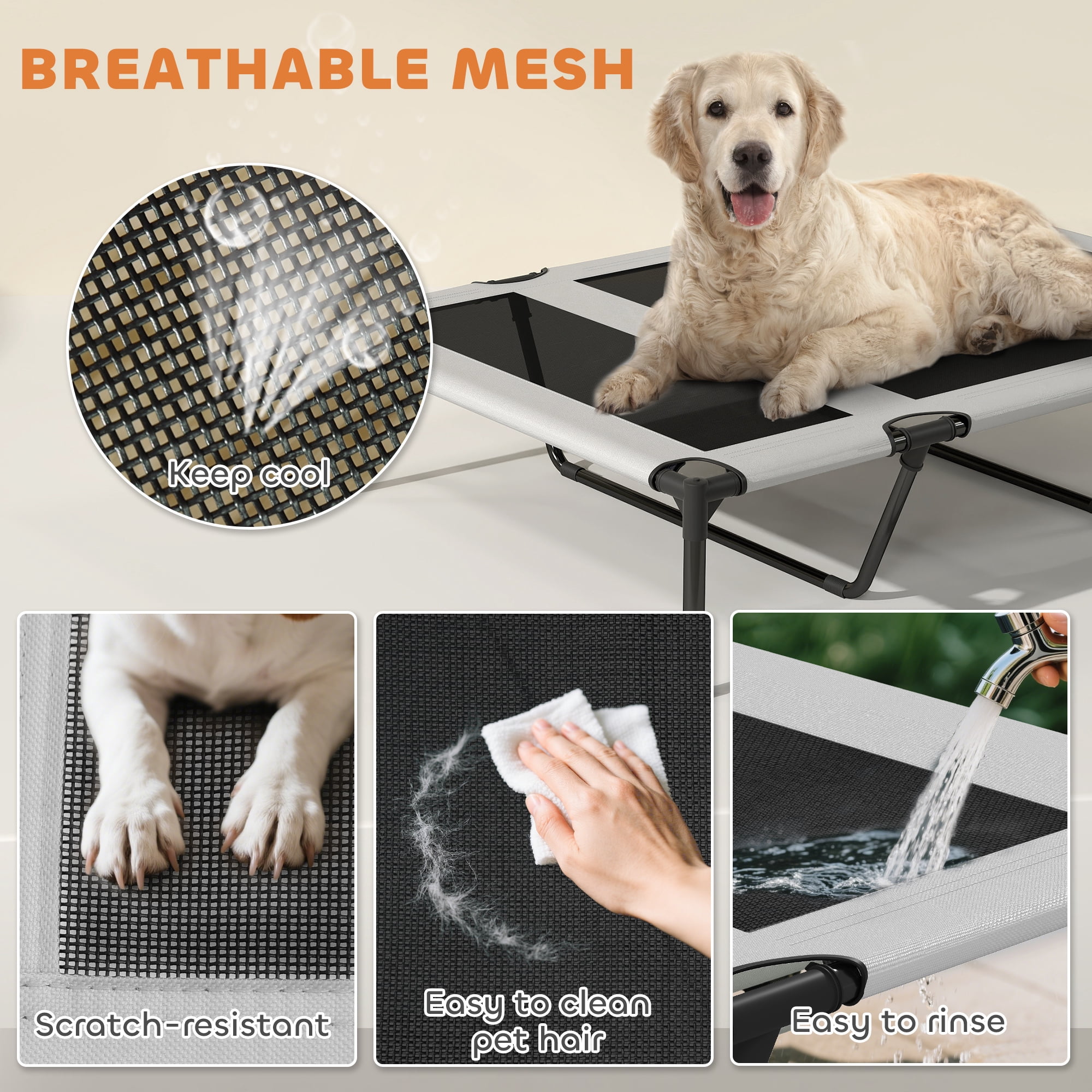 PawHut Elevated Dog Bed, Portable Raised Pet Bed with Removable Canopy, Cooling Pad, Storage Bag, Outside Pet Cot for Large Dogs, 42" x 30" x 37"