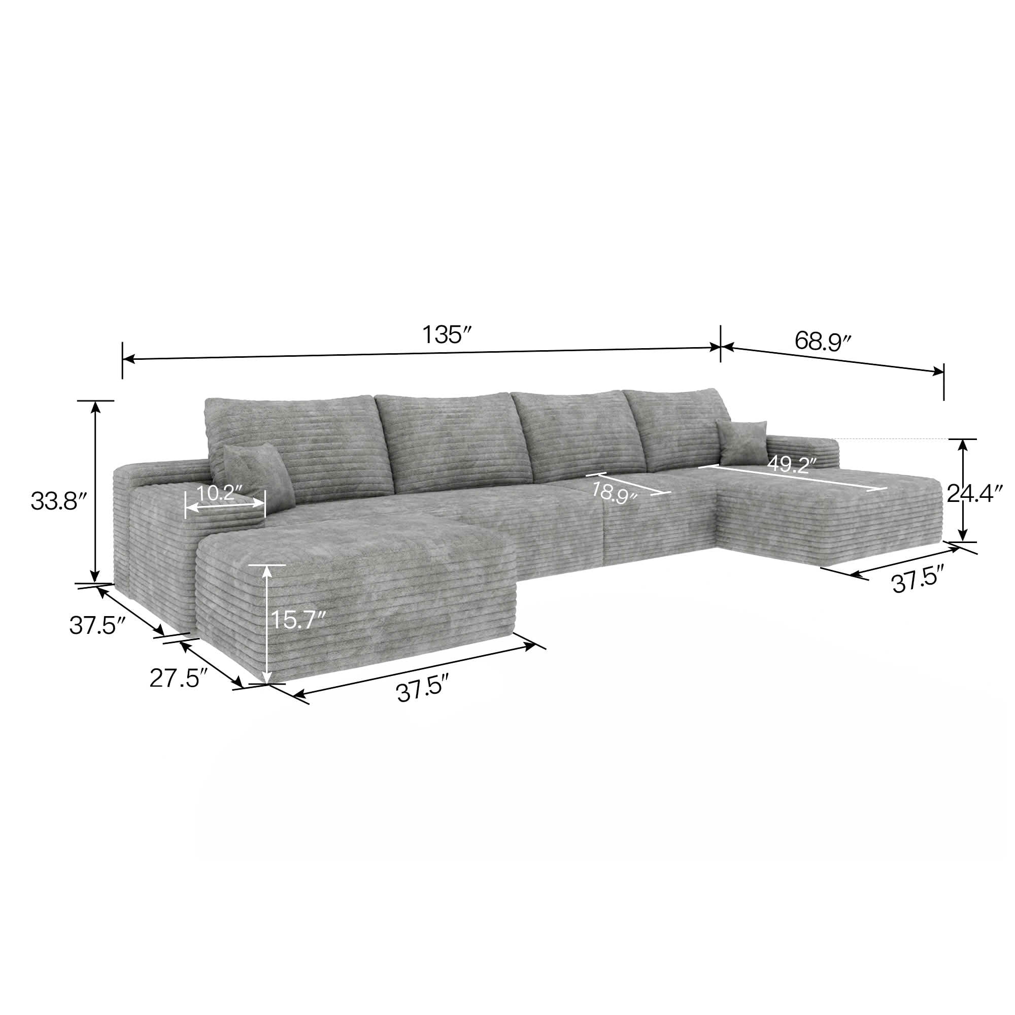 MAYEERTY 135" Cloud U-Shaped Sectional Sofa with 1 Ottoman, Plush Corduroy Deep Seat Modular Couch, No Assembly Minimalist Sofa for Living Room Apartment