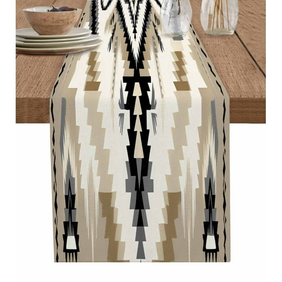 Western Aztec Table Runner-Cotton Linen- 72 Inch Holiday Dresser Scarves, Geometric Beige Black Tribal Ethnic Boho Tablerunner for Kitchen Coffee/Dining Bedroom Living Room Dinner Scarf Décor 13x72