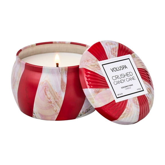 Voluspa Crushed Candy Cane Petite Tin Decorative Candle 4 oz