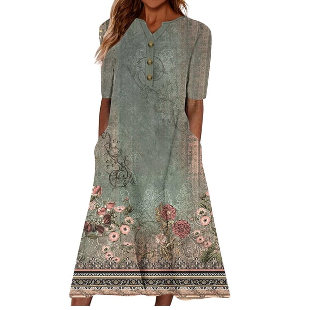 Vestido de Manga Corta para las Mujeres Estampado Cuello Redondo con Bolsillos, Vestido de Verano Sexy Y Casual para las Mujeres
