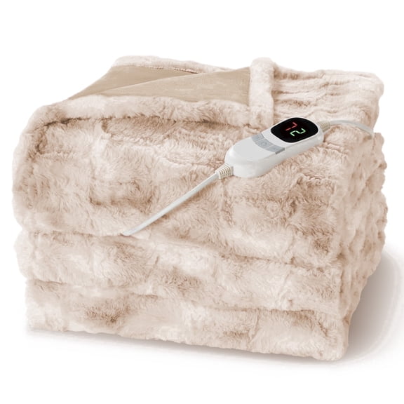 MARNUR Heated Blanket Electric Throw Extra Large Size 50"x72", Soft Faux Fur Heated Throw with 10 Heating Levels 4 Hours Timer Machine Washable, Khaki