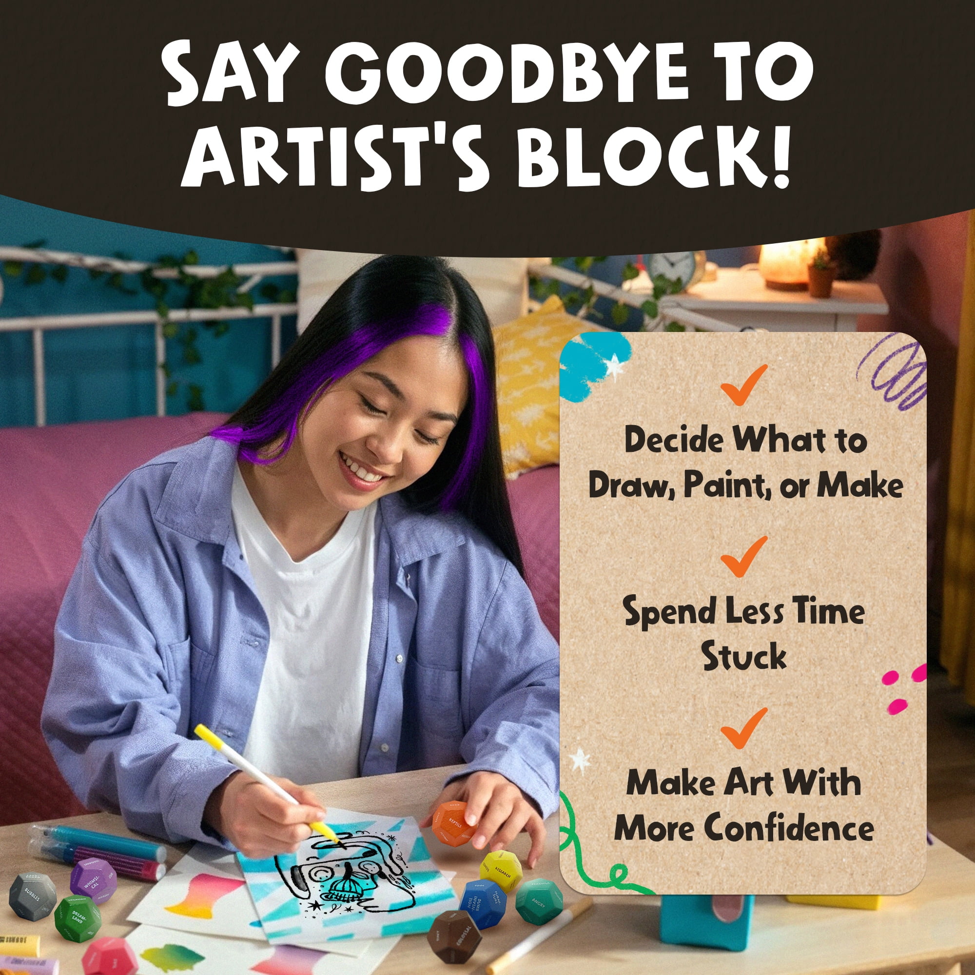 Insplore Art Dice – 12-Sided Wooden Dice with 120 Prompts to Help You Decide What to Draw or Paint – Creative Playbook with Games and Activities – Fun, Inspiring Gift for Artists of All Levels