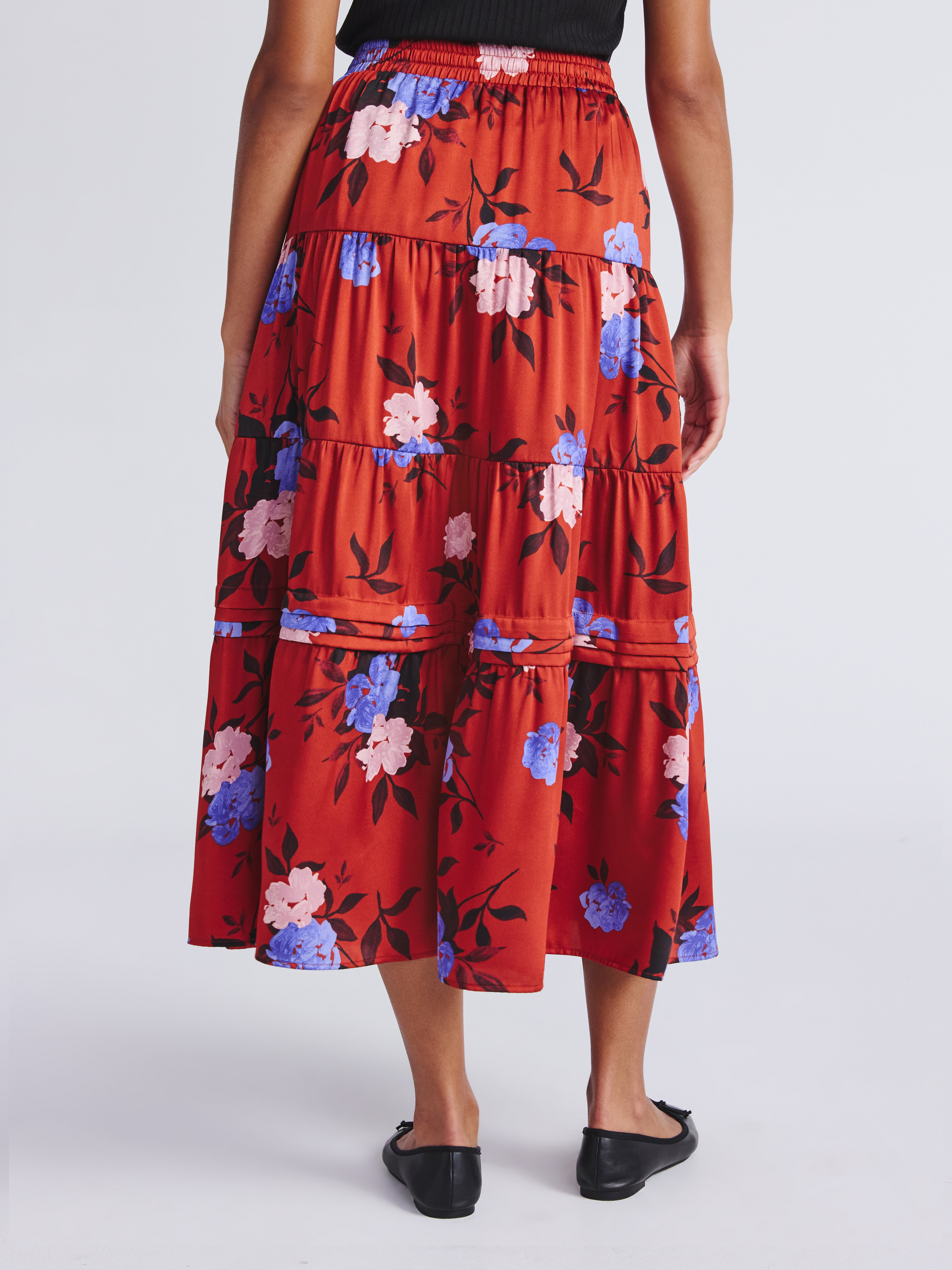 Time and Tru Women's Print Tiered Pull On Midi Skirt, Sizes XS-XXXL