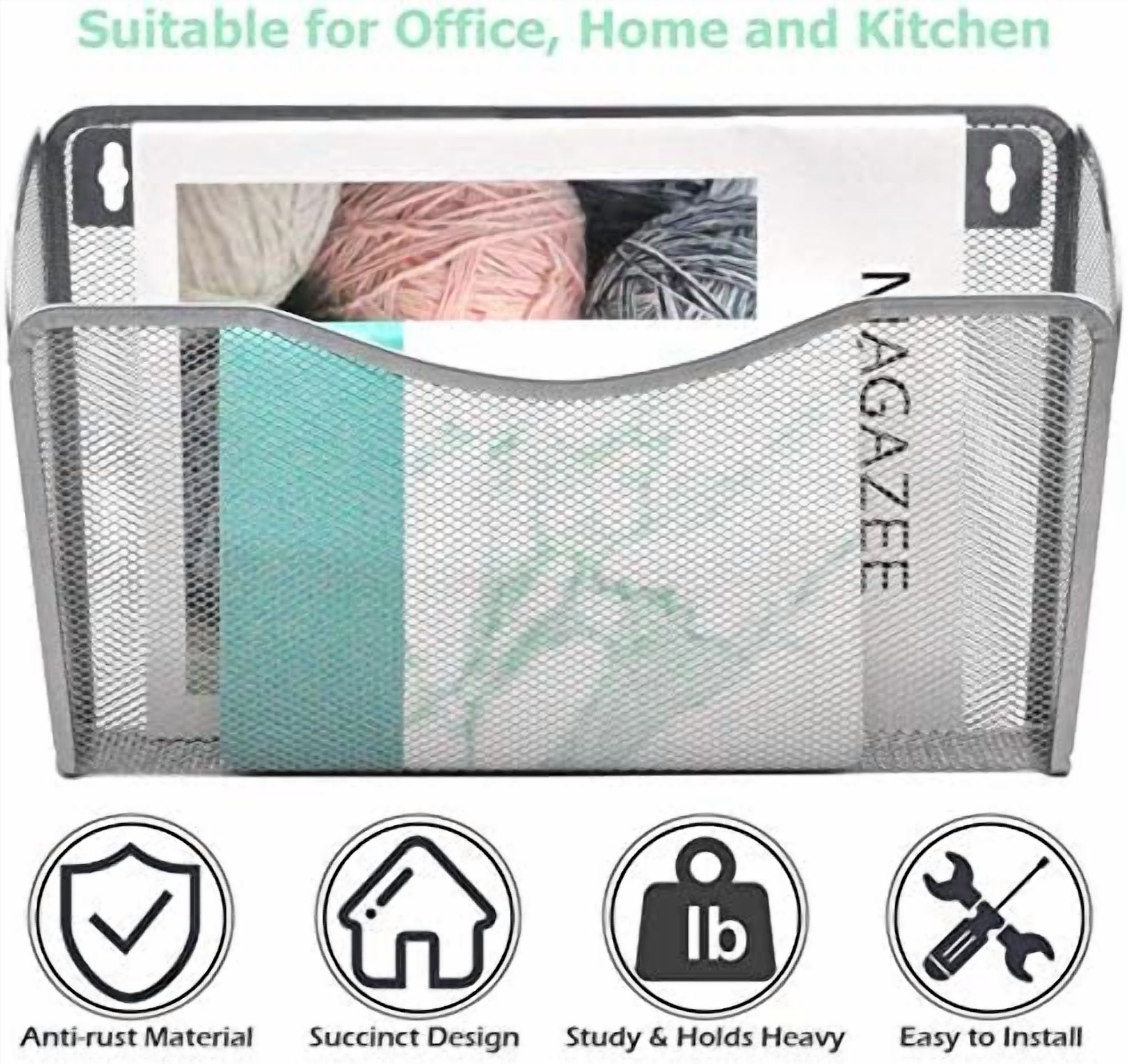 6 Single Pocket Mesh Hanging File Organizer, Vertical Wall Mounted Magazine File Holder, Mount Basket Mail Paper Document Folder Organizing for Office, Home and School, Silver