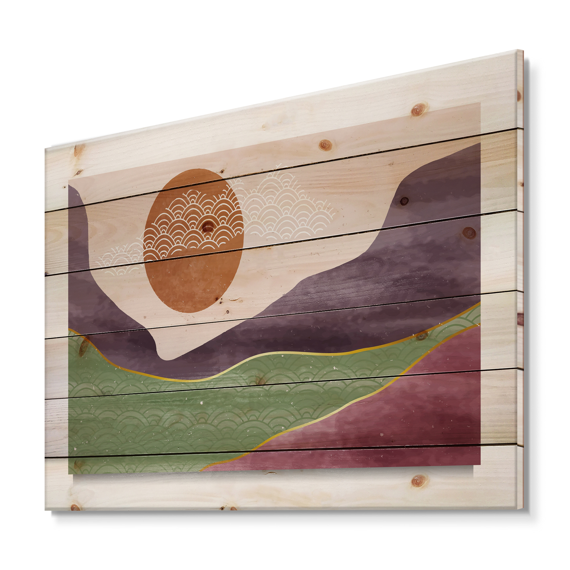 Designart 'Abstract Landscapes With Mountain River and Moon' Modern Print on Natural Pine Wood