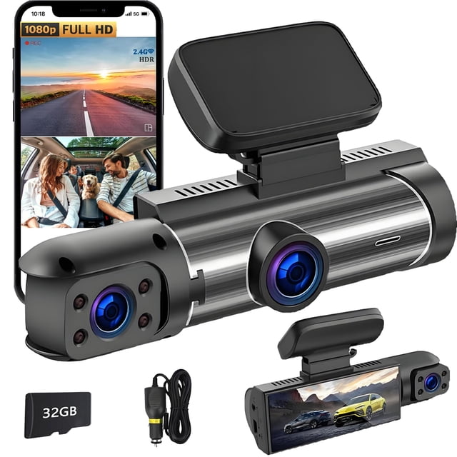 GDYFU HD 1080P Dashcam para Auto,WiFi Camara para Auto Interior y Exterior con Tarjeta SD 32GB,3.16" 360° Camara de Seguridad para Carro,Visión Nocturna,Grabación en Bucle,Monitor de Aparcamiento