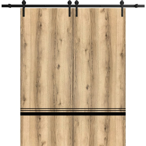 Sturdy Double Barn Door 36 x 80 inches with | Planum 0012 Oak with Frosted Glass | 13FT Rail Hangers Heavy Set | Solid Panel Interior Doors