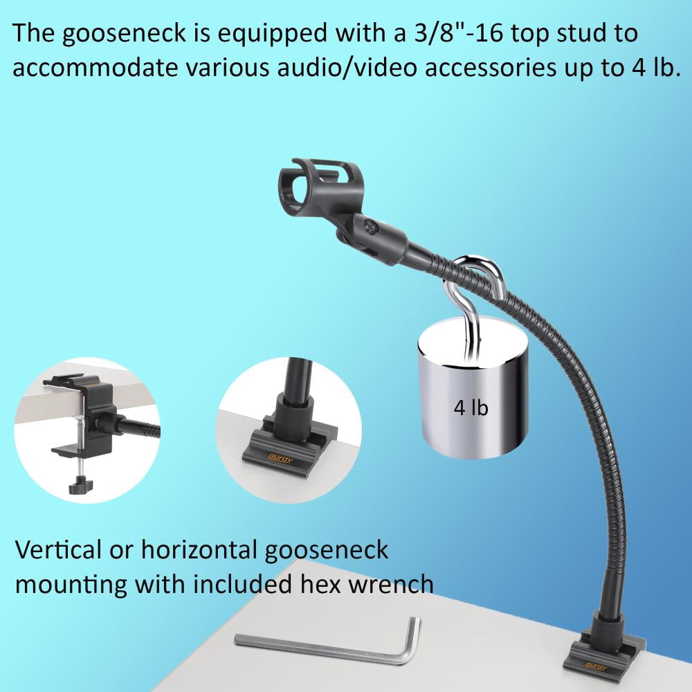AURAY Microphone Arm Stand Long 12'' Sturdy Gooseneck Mic Stand Adjustable Microphone Arm Stand with Clamp - Mic Holder Flexible Microphone Holder for Podcasting, Radio, Lectures, Singing