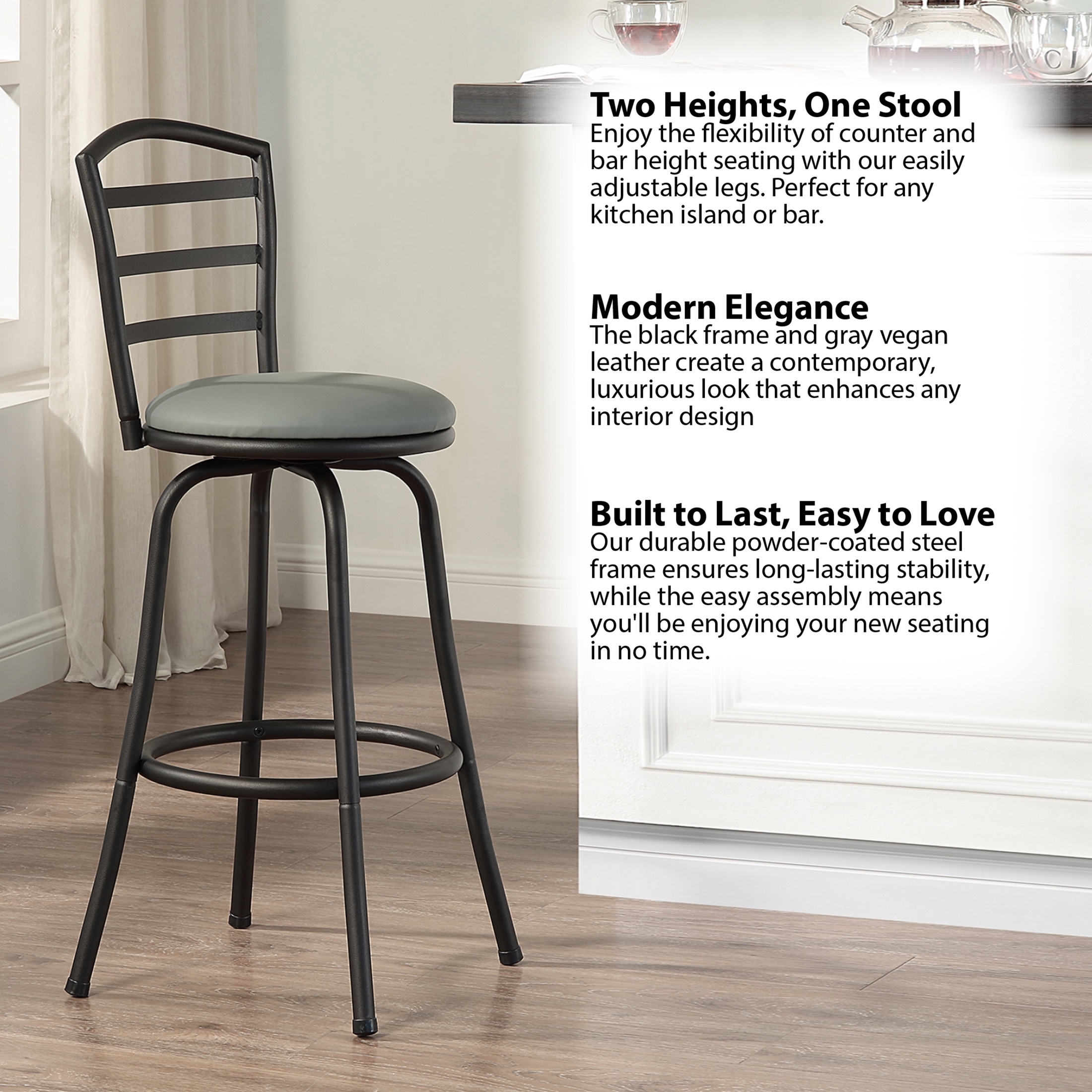 Mainstays 2-Pack Swivel Bar Stools, Adjustable 24-29 in, Black photo 3