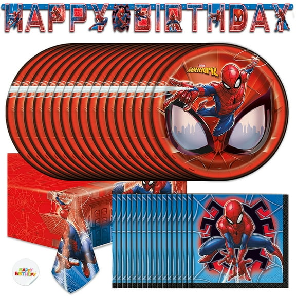 Spiderman Party Supplies | Spiderman Birthday Party Supplies | Spiderman Plates, Birthday Napkins, Spiderman Tablecloth, Spiderman Birthday Banner | Marvel Superhero Birthday Party Supplies Serves 16