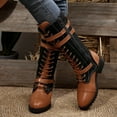 thumbnail image 2 of Mid Calf Combat Boots for Women Vintage Casual Leather Suede Denim Patchwork Lace up Knee High Motorcycle Riding Tall Booties with Side Zipper, 2 of 7