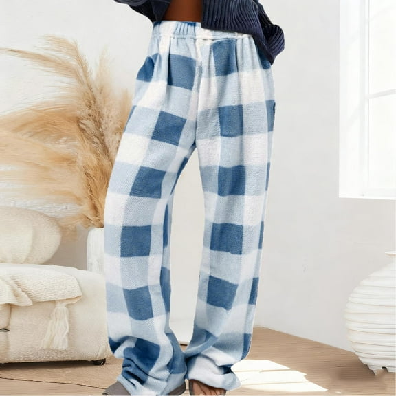Yteetum Flannel Pajama Pants Women Oversized Elastic Waist Plaid Print Flannel Fuzzy Sleepwear Pj Pants Womens Casual Soft Plus Size Loose Fleece Wide Leg Loungewear Pajamas Pants Fall Winter Clothes