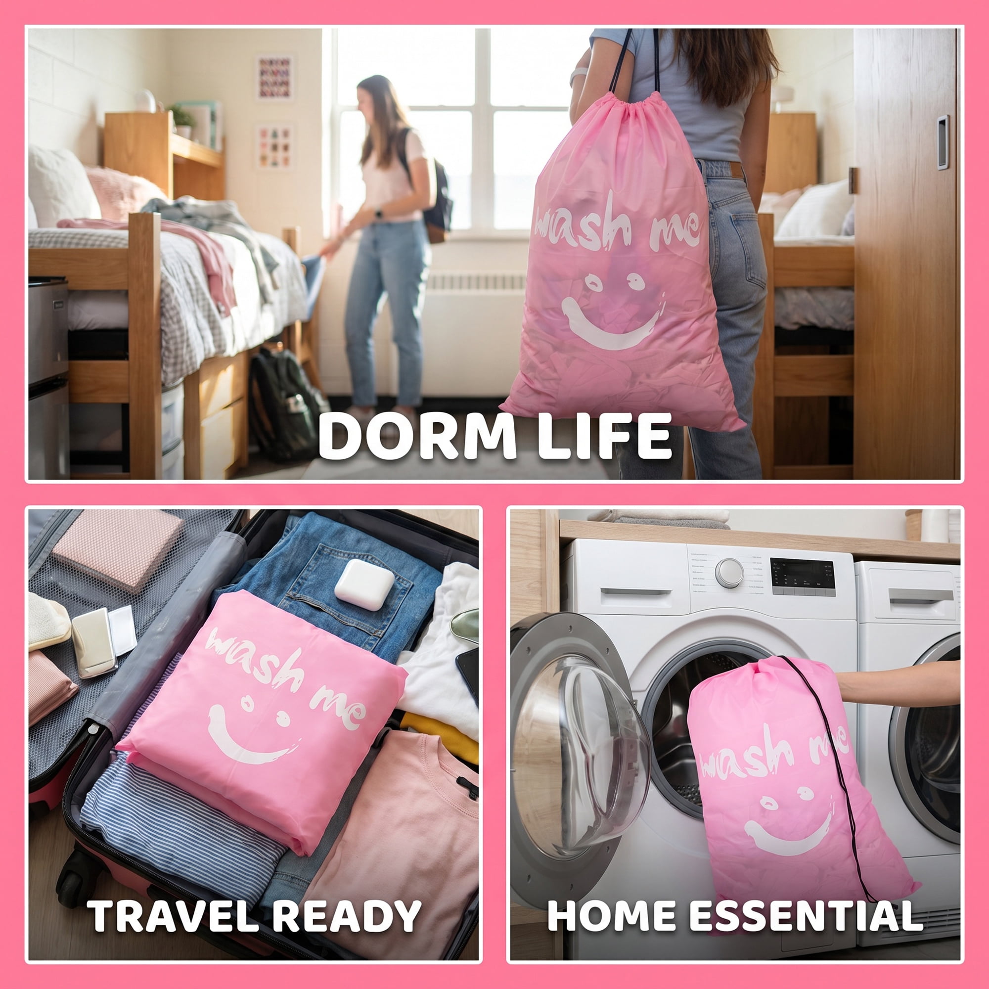 Unique Bargains 2Pcs Waterproof Wet Dry Travel Laundry Bag Pink 24" x 36.2"