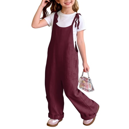 Abcomgle Girls Jumpsuits & Rompers Spaghetti Strap Sleeveless Kids Romper Solid Preppy Overalls for Girls Summer Fashion Long Pants