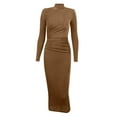 thumbnail image 4 of YYDGH On Clearance Women's Turtleneck Velvet Maxi Dress Long Sleeve Casual Wide Shoulder Pad Ruched Slim Fitted Dress High Neck Bodycon Dresses(Gold,3XL), 4 of 5