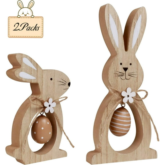 2Pcs Easter Decorations for the Home Farmhouse Rustic Wooden Bunny with Egg Easter Tiered Tray Decor Happy Spring Decoration for Indoor Home Party Easter Tabletop Decoration Easter Gifts for Kids